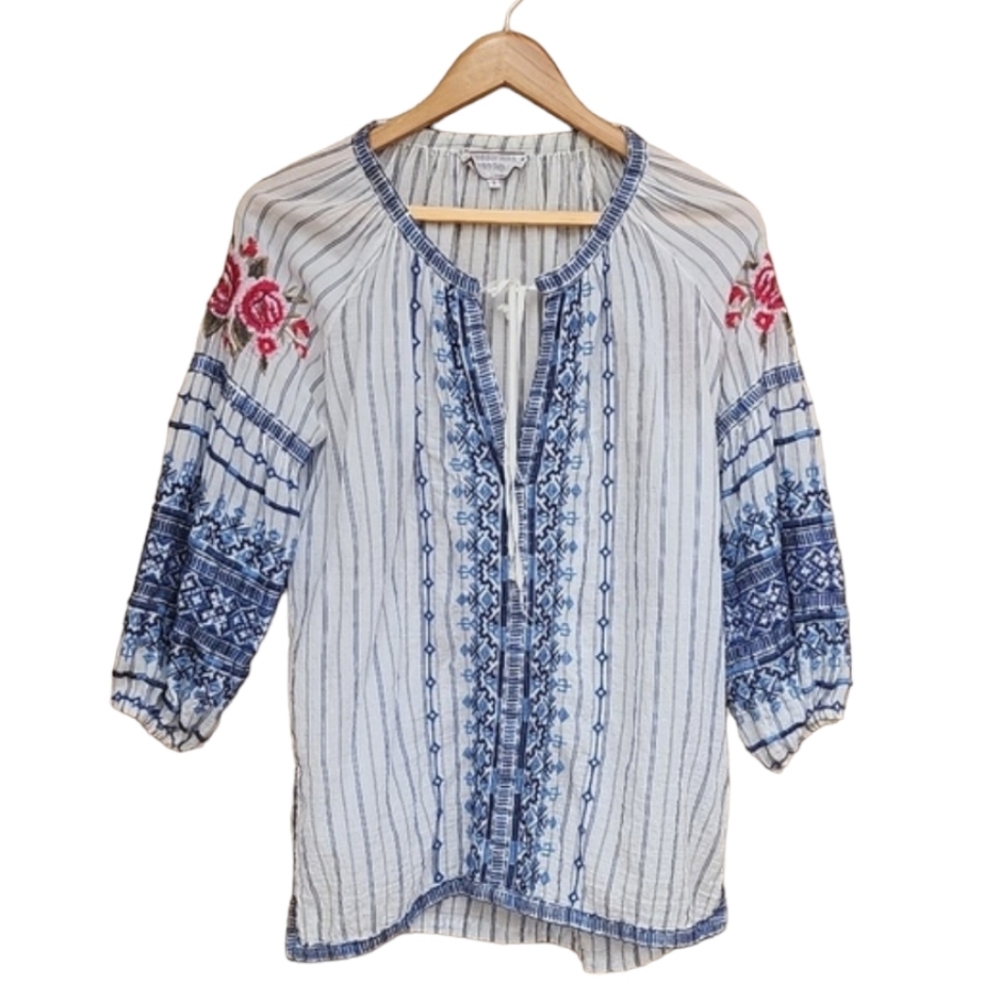 JOHNNY WAS Workshop Shea Peasant Blouse S Santori Stripe Embroidered Boho Anthro - Picture 15 of 16
